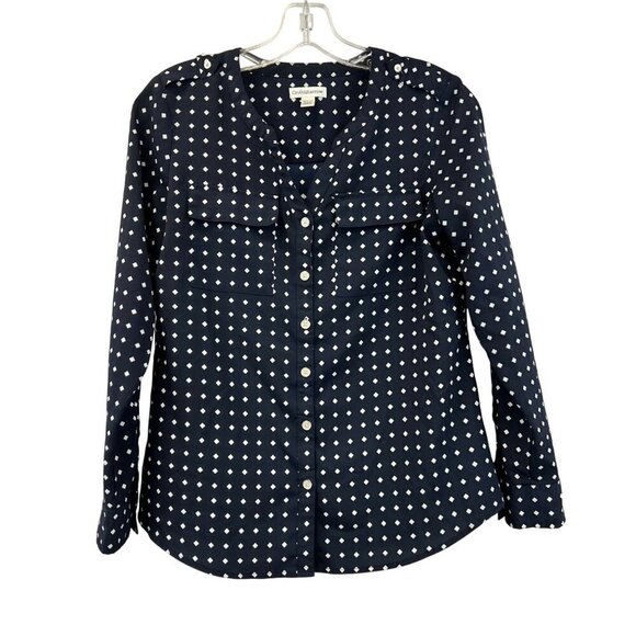 Croft & Barrow Button Up Navy/White Top Long Roll Tab Sleeve Size XS Petite - Picture 1 of 7